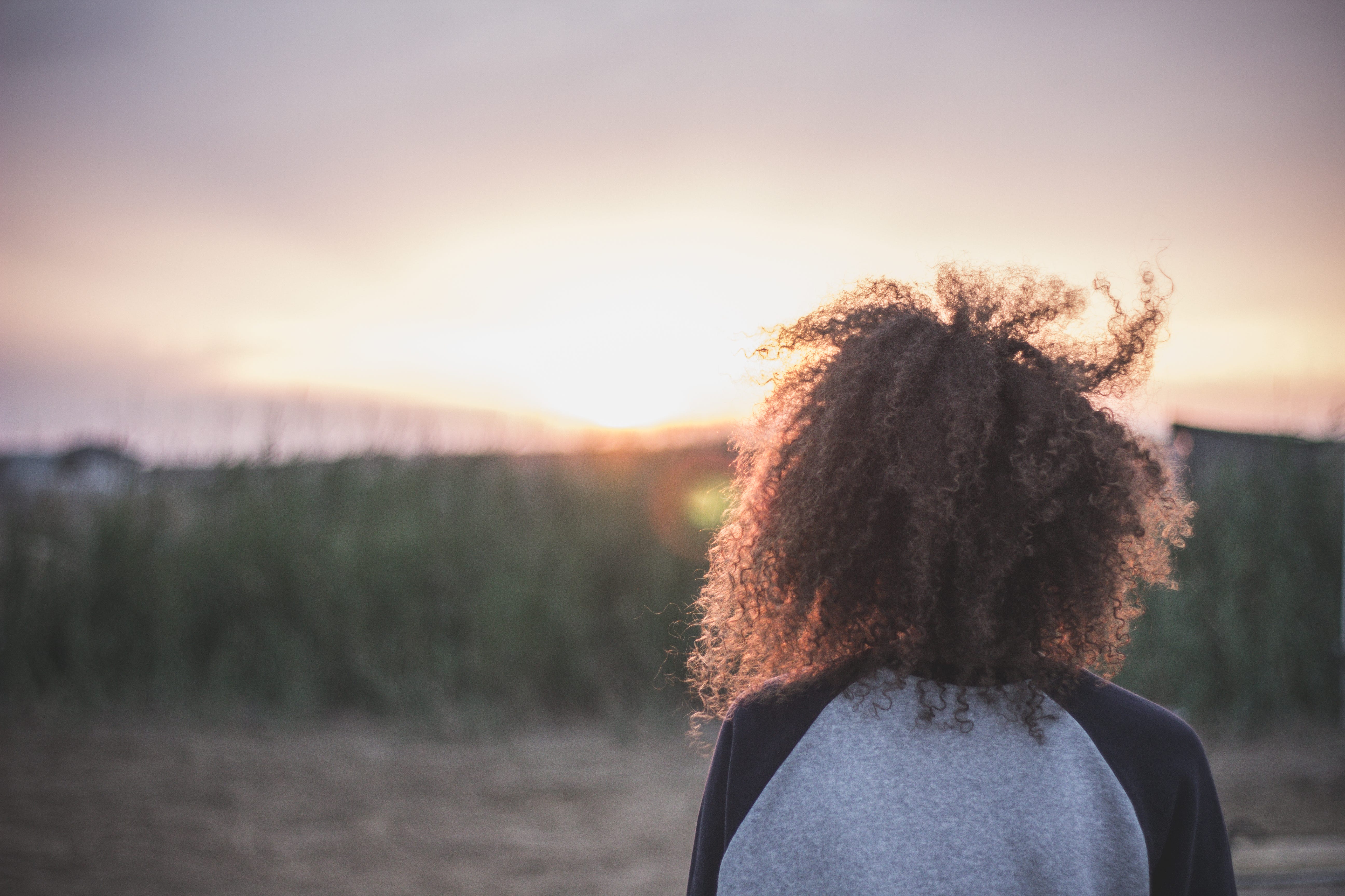 Back of a person's head, with long curly coiled hair