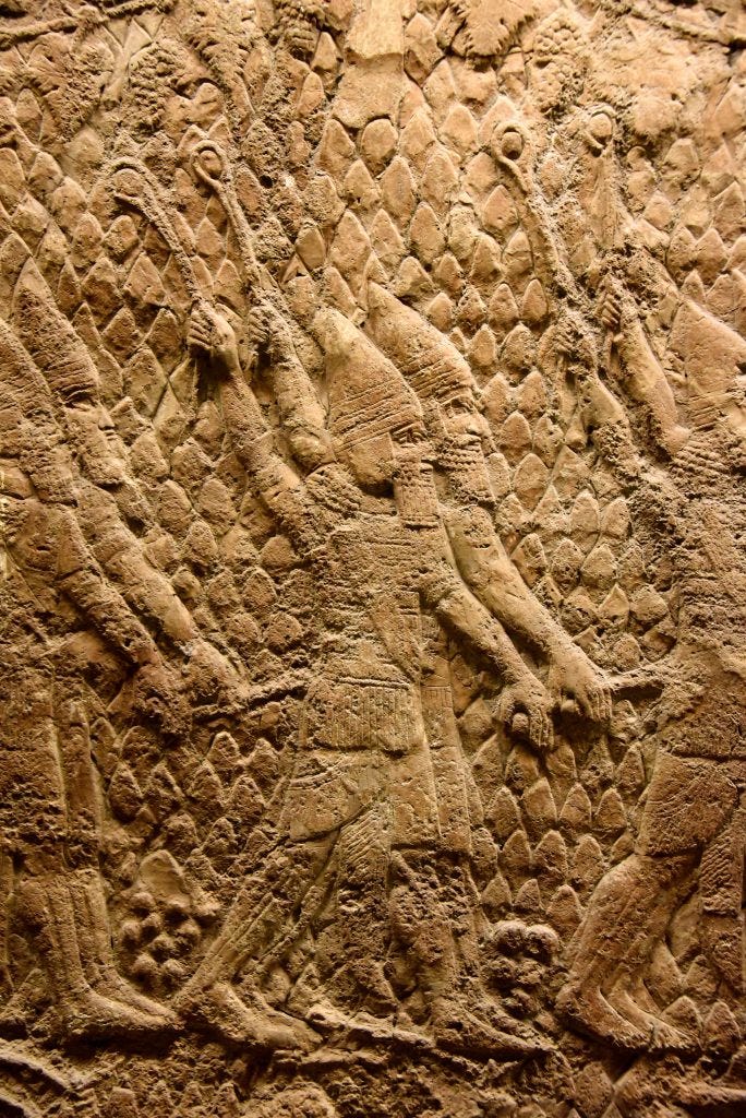 The beginning of the attack on Lachish in 701 BCE. This is a detail of a large stone wall panel which shows that Assyrian solders (part of a large-range artillery, not shown here) are slinging small rounded stones (so-called slingers), aiming at the enemy soldiers, defending the city walls towers. From Nineveh (modern-day Mosul Governorate, Iraq), Room XXXVI of the South-West Palace, panels 5-6. The British Museum, London. Photo © Osama S. M. Amin.