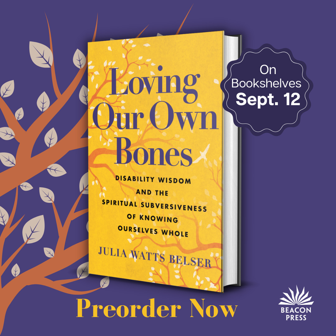 A graphic featuring an image of the book, Loving Our Own Bones. The cover is golden yellow, with graceful tree branches and pale white leaves twining through the words of the title. Text reads, “Preorder Now. On bookshelves September 12.”