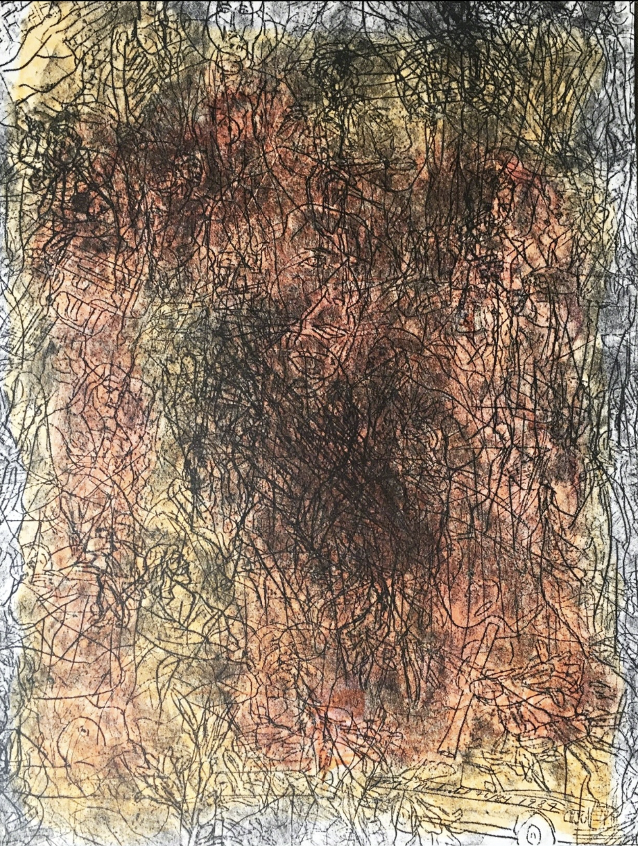 It seems to be an abstract piece of art with peach, yellow and black, and lots of black lines- but upon closer examination, many of the black lines are actually the outlines of cars, hands, someone snorting coke, Jesus, etc, etc.