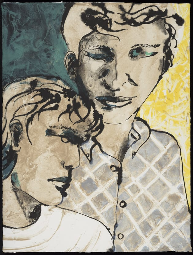 A painting of a gender ambiguous tall person standing next to a gender ambiguous smaller person, both white, everyone looking very serious