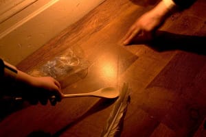 candle, spoon, feather