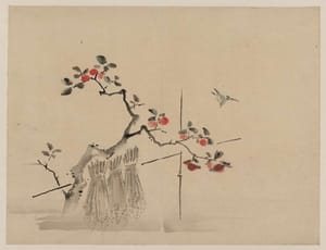 Fruit tree, with a bird flying next to it and three bundles of wheat in front of the tree. 